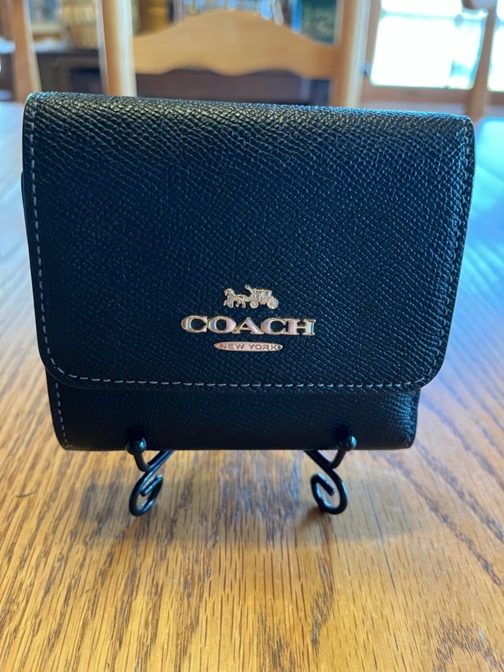 Coach Black Pebbled Leather Compact Wallet with Gold Logo
